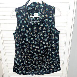 CAbi Whimsy Blouse Black Floral Dot Button Front Pullover Sleeveless Medium